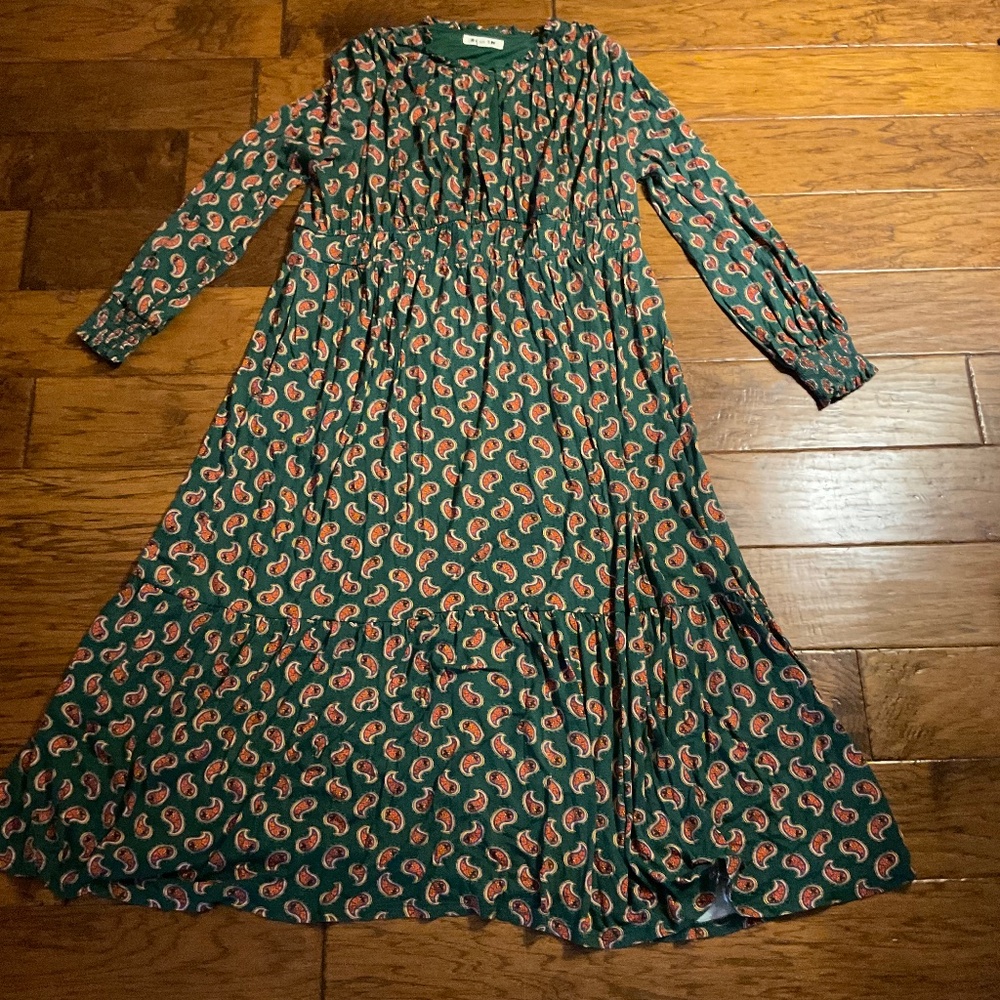 Boden ruched jersey midi tea dress, Amazon green and paisley print
